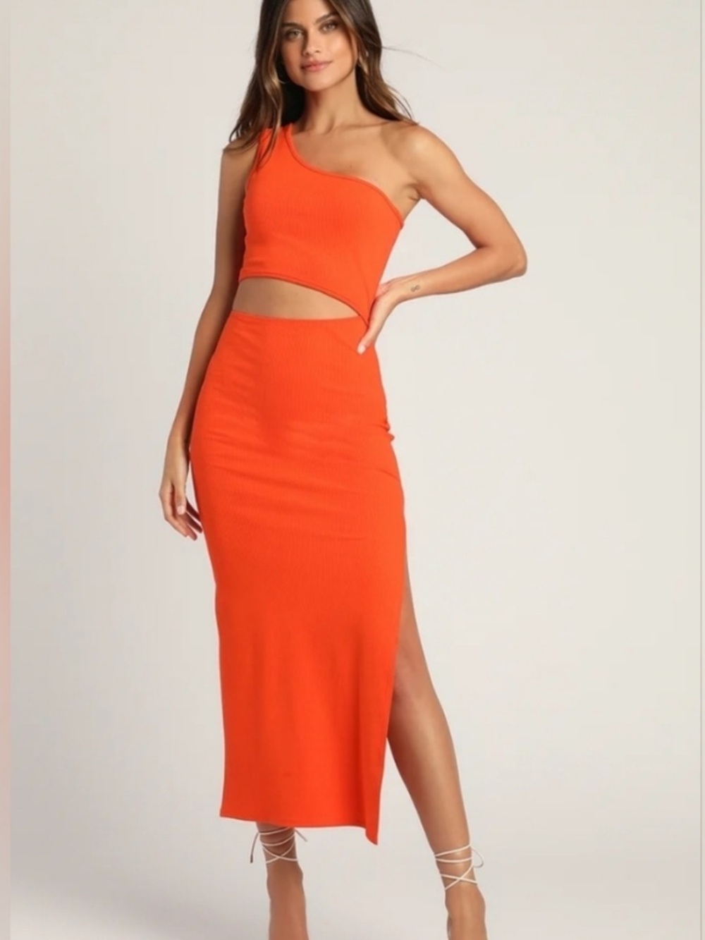 Lulus spice things up one -Shoulder Cutout Midi Dress in Orange